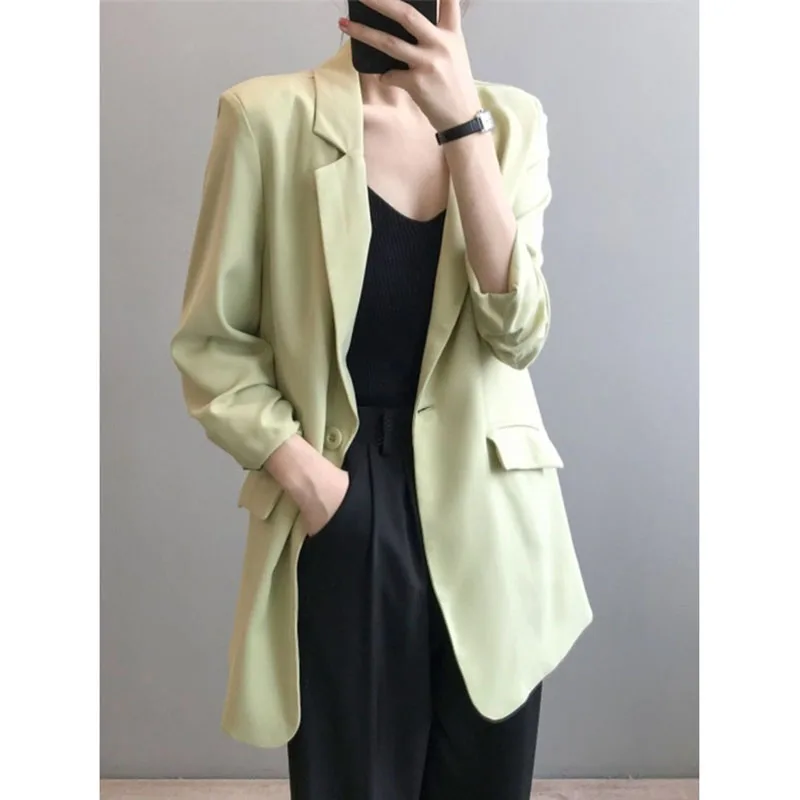 2024 New Summer Thin Chiffon Blazer Tops Women Korean Loose Long White Suit Coat Solid Color Female Sunscreen Blazer Outwear