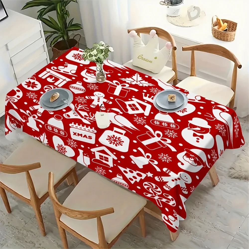 Holiday Icon Tablecloth, Red Base With Stylized White Xmas Icons And Gifts, Rectangular Table Cover Kitchen & Dining Home Decor