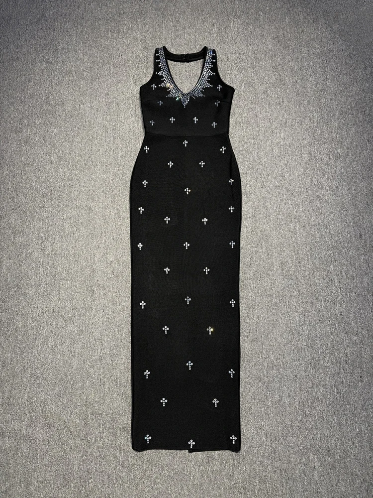 Sexy Halter Neck Diamonds Bandage Dress Women Black Sleeveless Backless Beaded Rhinestones Bodycon Long Dresses Evening Party