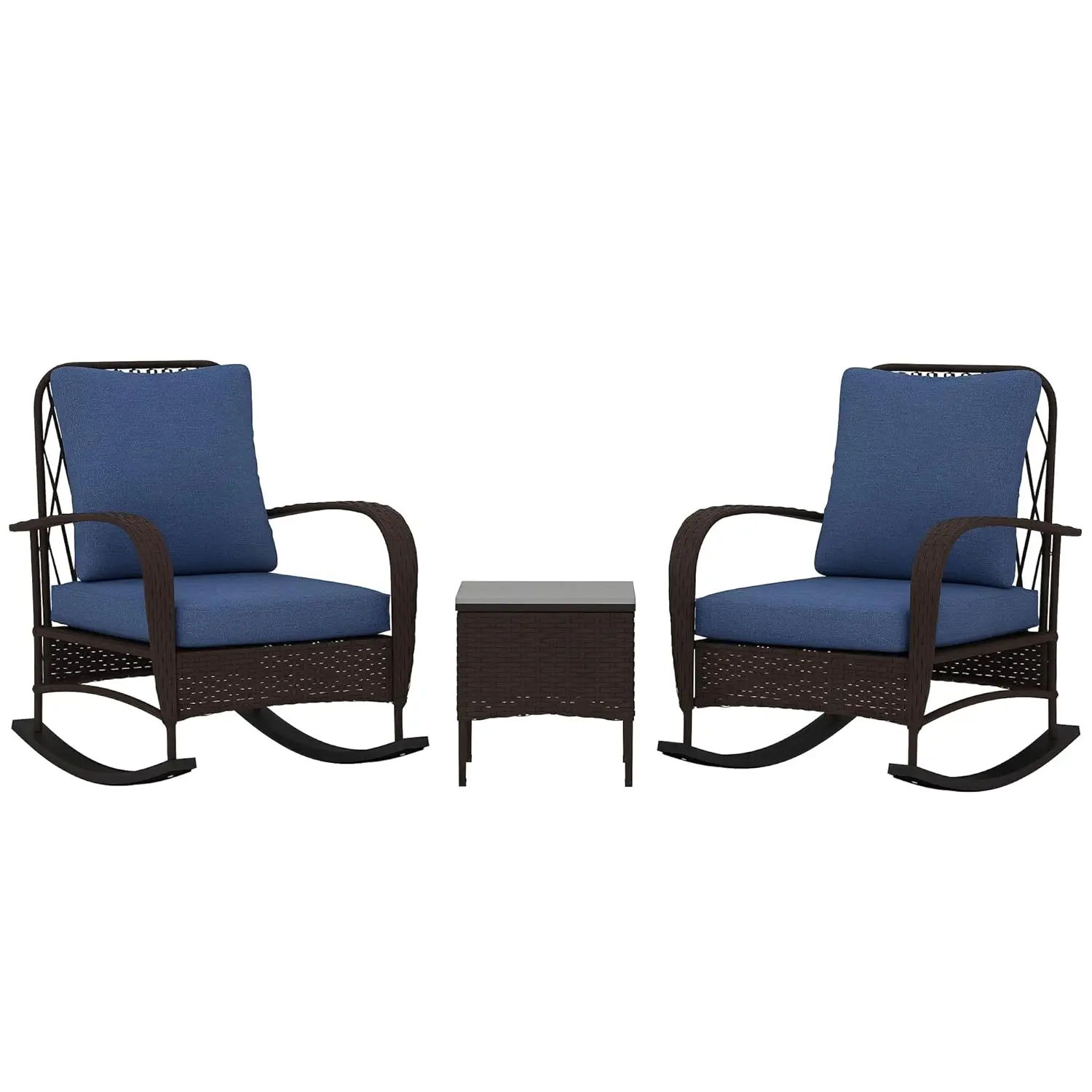 

3 Piece Wicker Patio Furniture Set, PE Rattan Rocking Chairs with Coffee Table, Cushions, Outdoor Bistro Set for Porch, Garden,