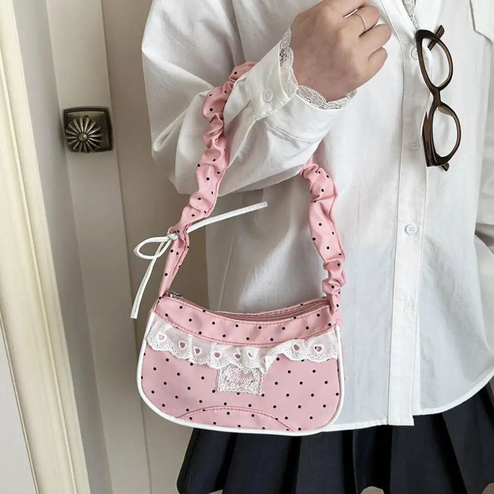 Niedliche Spitzen-Schultertasche mit Tupfenmuster, Süße Unterarmtasche mit Schleife, Y2k Mode, Lässige Umhängetasche, Crossbody-Tasche – Detail 13