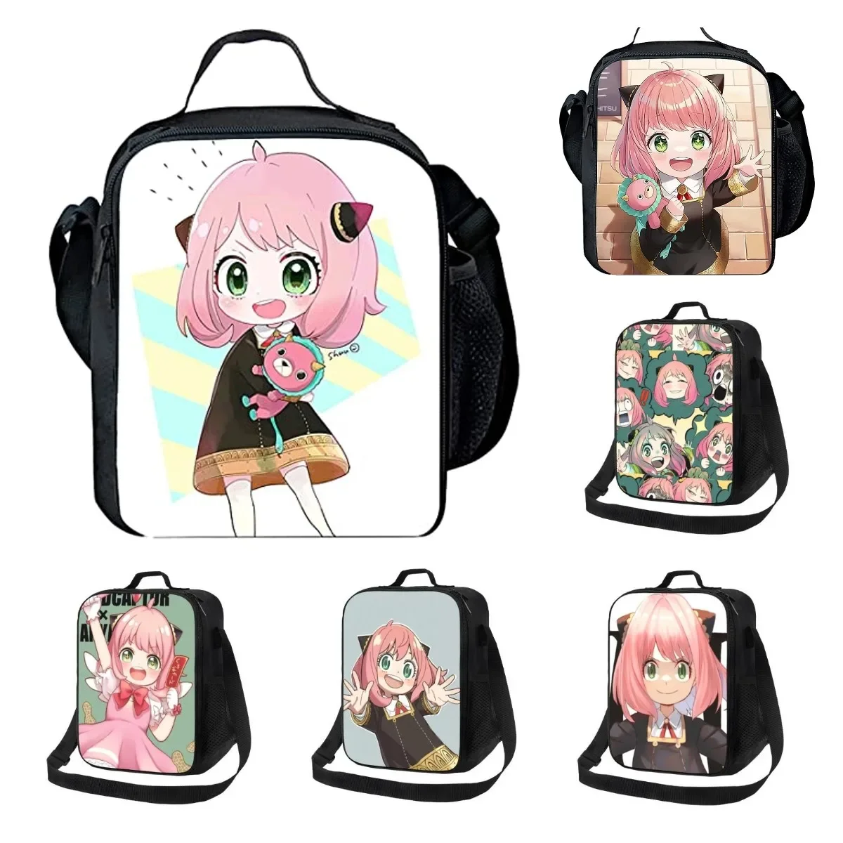 

Anime Lunch Box Anya Forger Lunchbag with Strap Waterproof Travel Portable Storage Reusable Crossbody Bag for Girls Boys