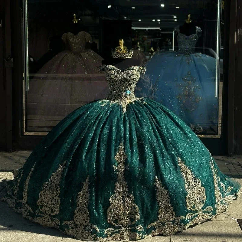 فساتين Quinceanera باللون الأخضر المسود اللامع والخرز برباط مع زينة ذهبية مشد فستاين سهرة/فساتين الحفلات مخصصة فيستدو دي 15 أنوس