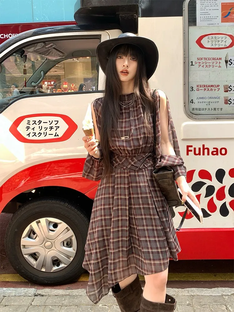 

Новое женское летнее платье в клетку с необычным кроем талии, тонкое, А-силуэта, с открытыми плечами, короткое, из мягкого полиэстера с низкой эластичностью