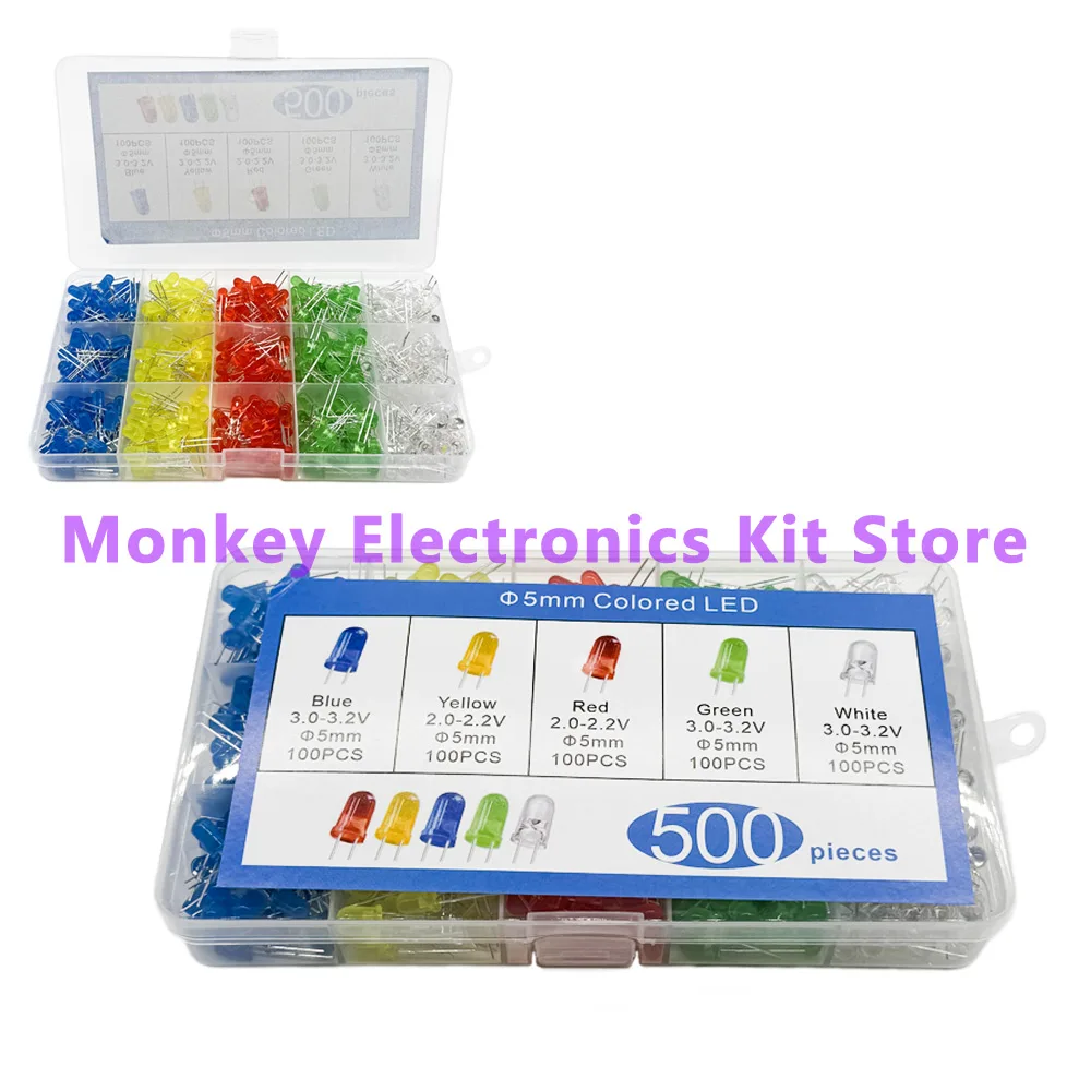 500PCS  5mm F5 LED light-emitting tubes red yellow blue white and green 5 colors total of  500PCS  LED kit