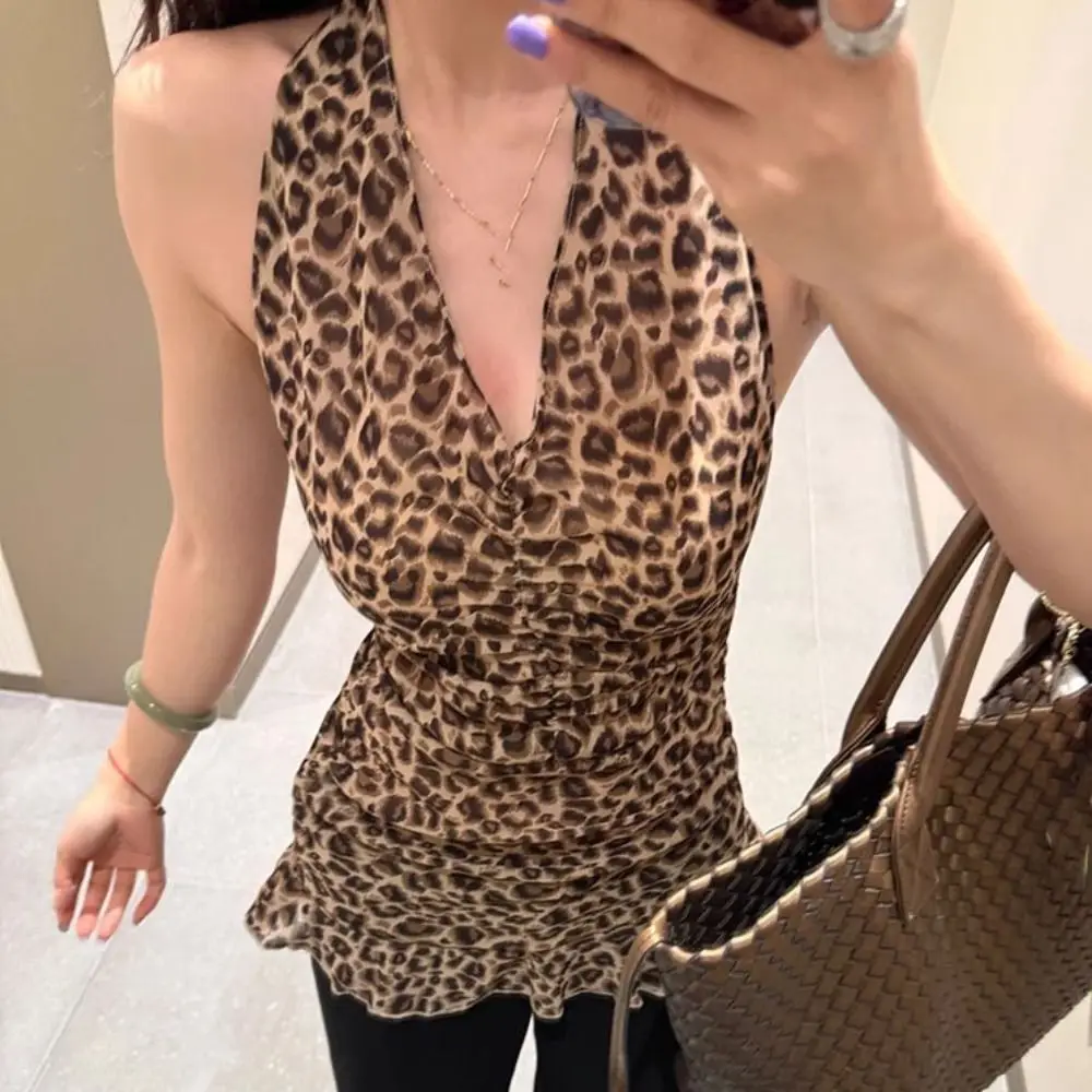 Stylish Irregular Leopard Crop Top Ins Slim Fit Halter Cheesy Tops Vest Female Clothing Leopard T-Shirt Women Female