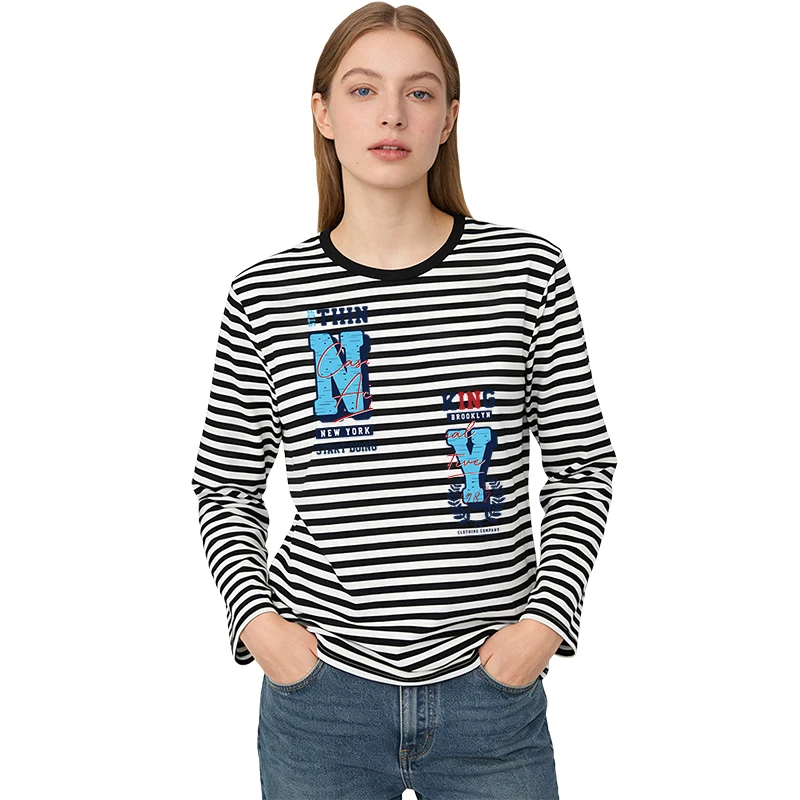 

Women Striped Long Sleeve Top Heat Transfer NY Brooklyn Letter Graphic Print Crew Neck Spring Autumn Straight T-Shirt