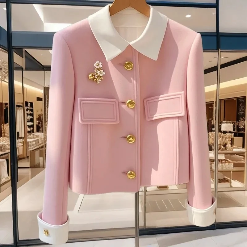 New Autumn And Winter 2025 Pink Padded Single-Breasted Women's Woolen Coat Unique Korean Version Temperament Ladies Jacket