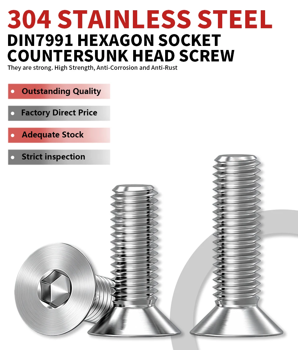 304 Edelstahl Innensechskantschraube mit Senkkopf DIN7991 M3 M4 M5 M6 M8 M10 M12 Innensechskantschraube Hardware-Befestigungselement – Detail 1