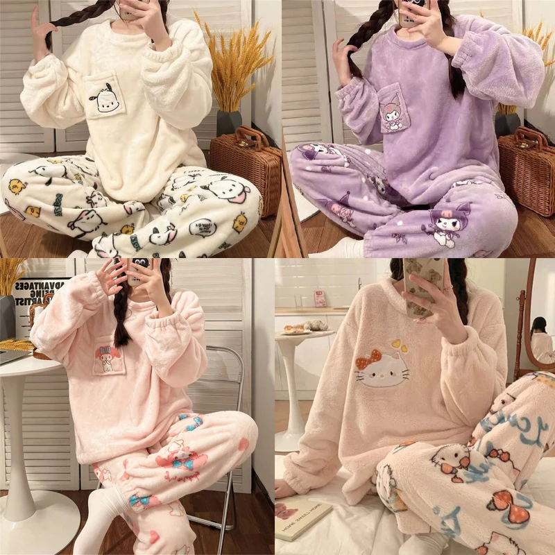 Sanrios Hello Kitty Kuromi My Melody Flannel Winter Pajamas Girls Cartoon Plus Velvet Thickened Coral Velvet Kawaii Home Clothes