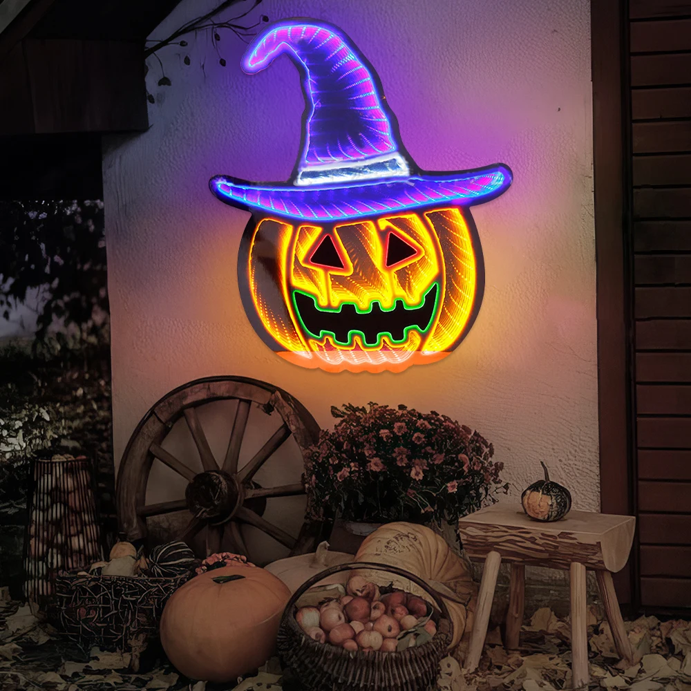 Luz LED de neón con espejo infinito, letreros de calabaza, fantasma, murciélago, regalo personalizado para niños, Club, Bar, hogar, dormitorio, al aire libre, regalo de Halloween