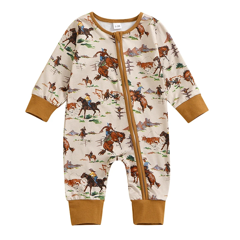 Western Baby Boy Fall Clothes Horse Cow Print Long Sleeve Romper Zipper Jumpsuit Playsuit  Cowboy Outfit