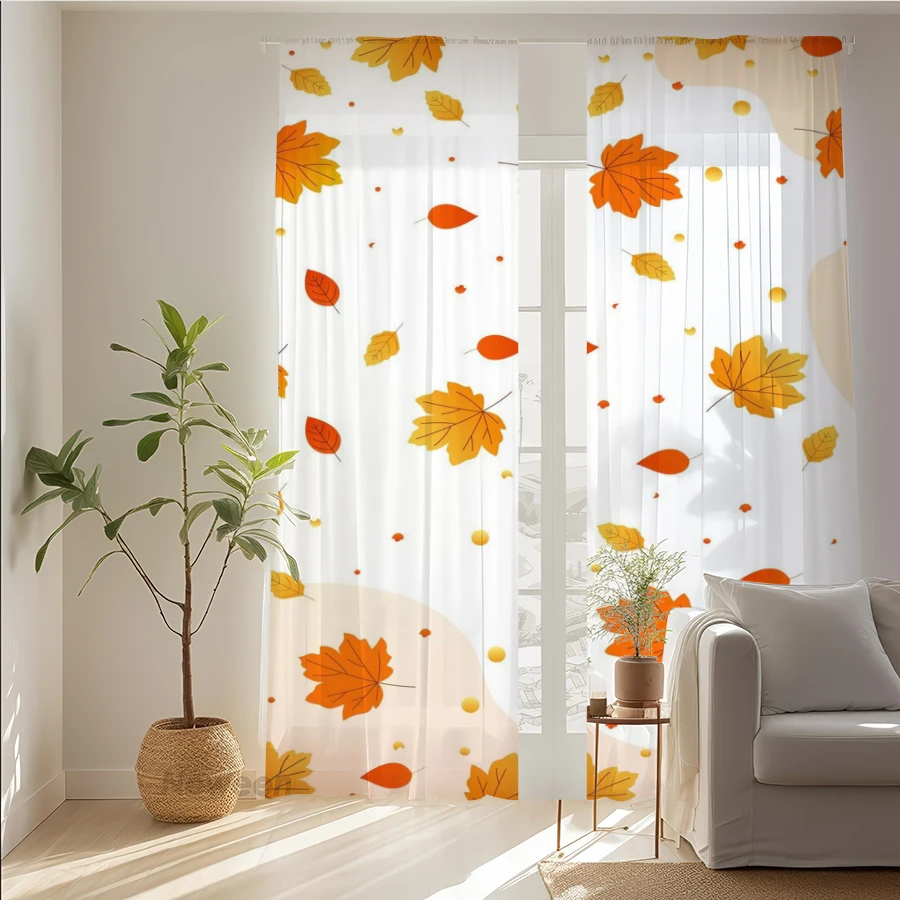 2PCS Digital Print Sheer Curtain, Falling Maple Leaves Autumn Fall Foliage Wind Window Drapes for Living Room Bedroom Home Decor