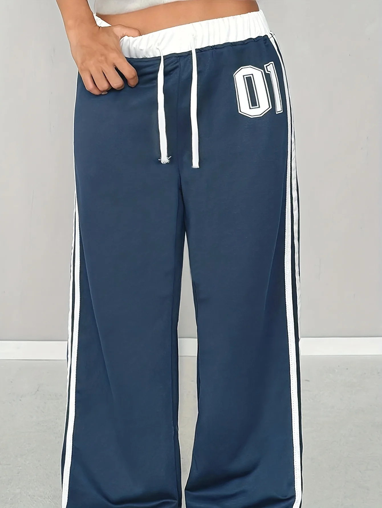 Y2K Mädchen Navy 01 Nummer Seitenstreifen Weite Jogginghose Elastischer Bund Vintage Sport Streetwear Für 4-12 Jahre – Detail 6