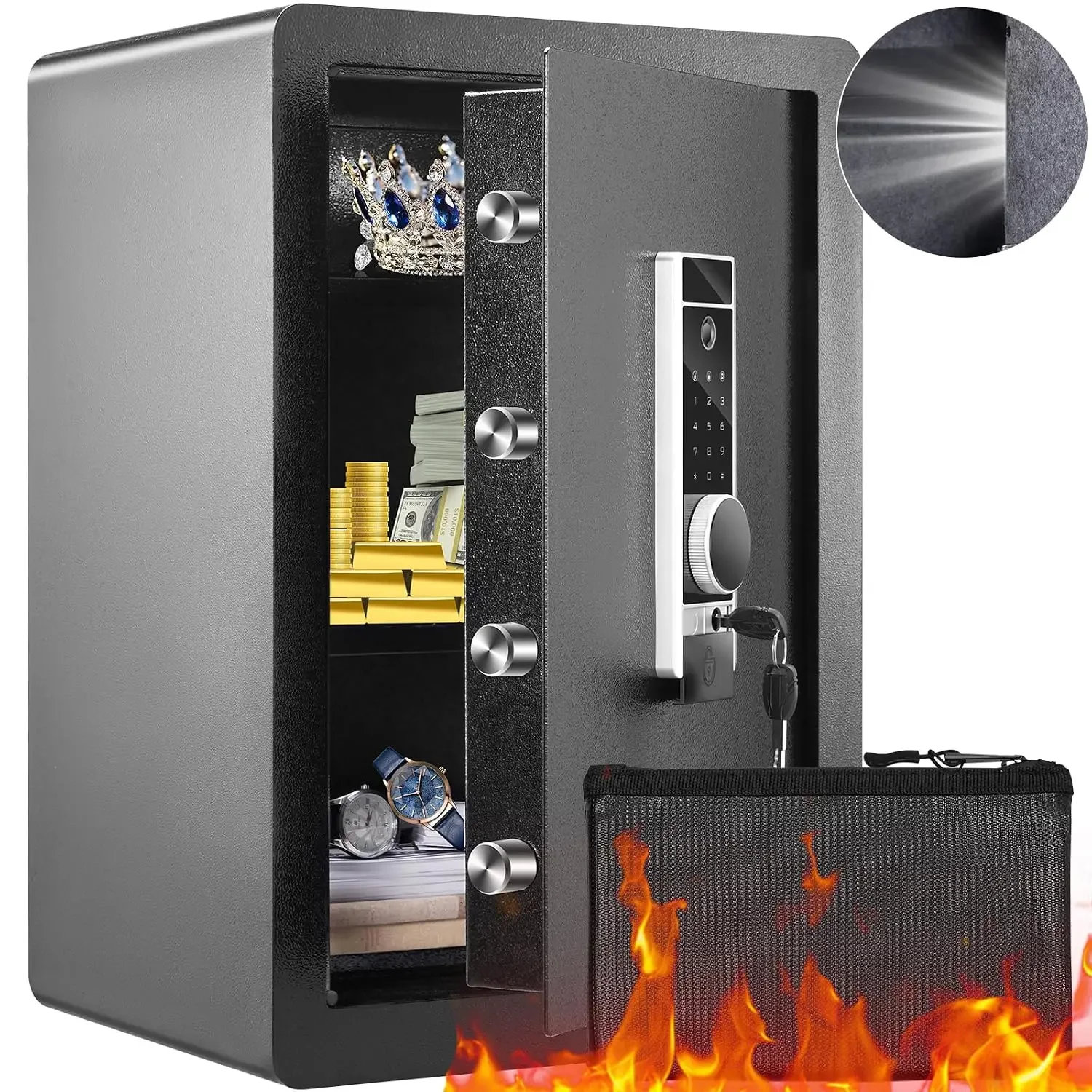 Steel Security Safe - 2.2 Cubic Feet, Fingerprint & Digital Keypad Lock, Fire-proof Bag, Documents - 15.8x13x23.6 inch