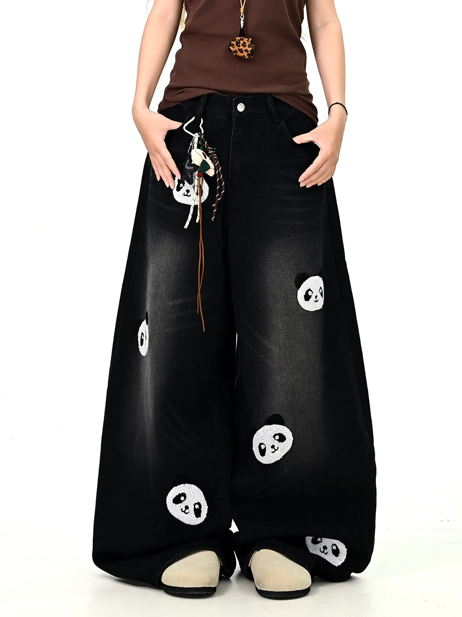 

Fuss-Free Deep Bla Embroidered Fce Lined Denim Pants Women's Loose BF Floor-Length Trousers Trendy Casual Autumn Wear