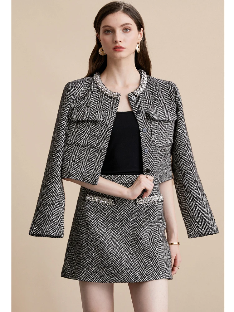

Высококачественная женская осенне-зимняя элегантная одежда, роскошное твидовое короткое пальто с бриллиантами + мини-юбки, комплект из 2 предметов, женская одежда