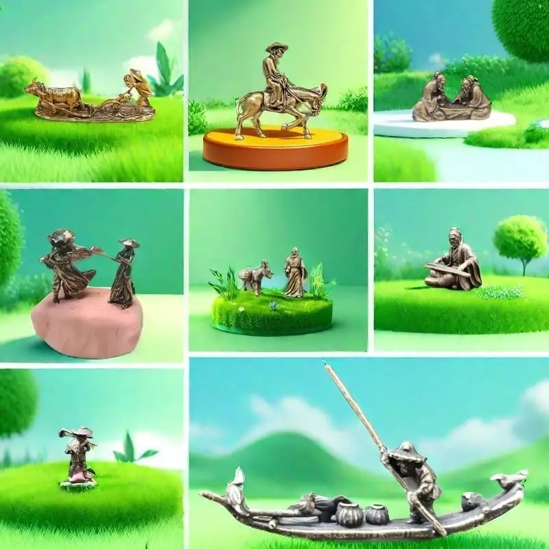 1pc Vintage Home Ornament Collection Of Tea Pet Brass Carving Handholds Metal Crafts Old Farmer And Cow Living Room Decor