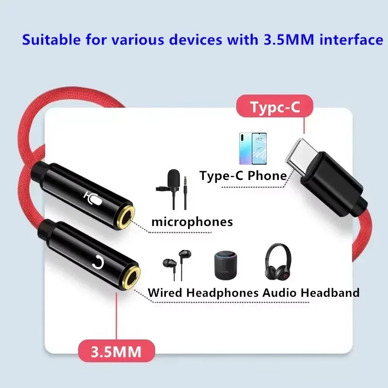 Digital Chip 1/2 Headphone Microphone Splitter Braided Ribbon Microphone Type-c Male To 2 * 3.5mm Female Adapter Audio Cable A4