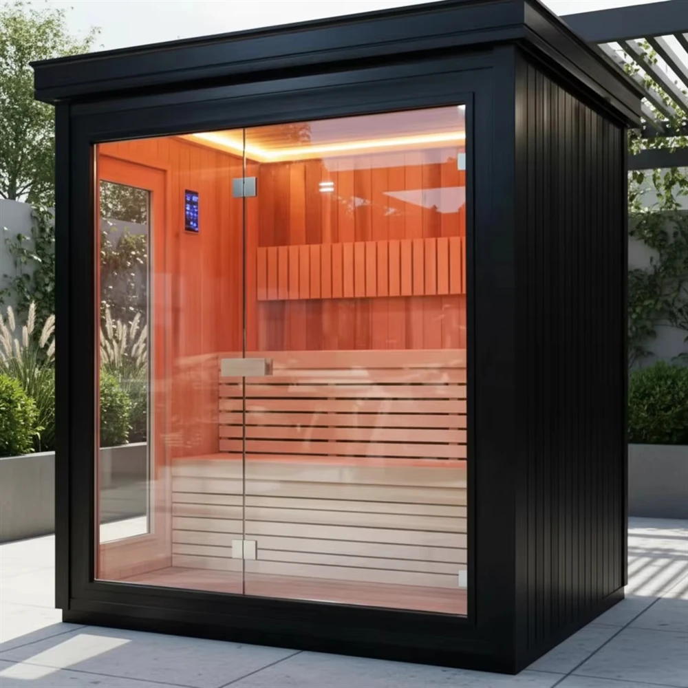 6-person Outdoor Traditional Sauna With Dry And Wet Steam, Wood Stove, Panoramic Glass Door