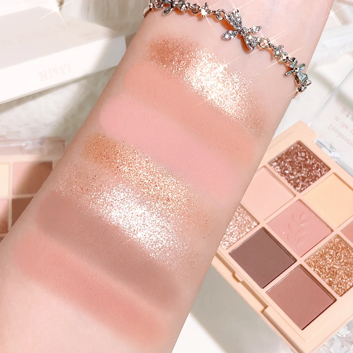 9-color eyeshadow palette - milk tea nude and gold tones, matte and shimmer finish, everyday glamour portable cosmetics