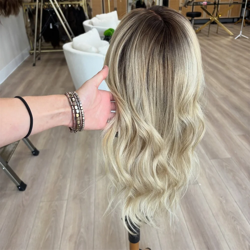 New in Shoulder Length Soft Wavy Human Hair 100% European Virgin Hair Lace Front Wigs 13x4 Hd Lace Balayage Creamy Blonde Wig