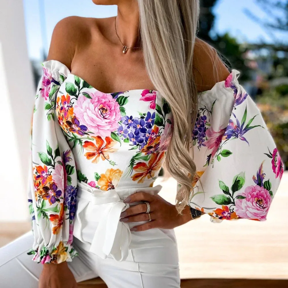 Women Sexy Top Summer Off Shoulder Floral Blouses Women 2022 Boho Casual Backless Blouse Female Holiday Slash Neck Tops Clothing