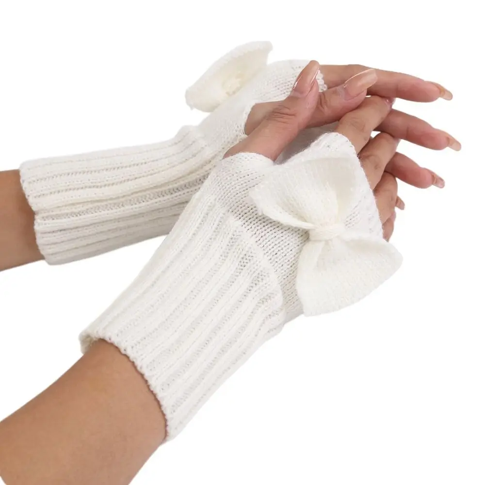 

Cute Thick Warm Bowknot Knitted Gloves Elastic Soft Fingerless Mittens Keep Warm Half Finger Gloves Winter