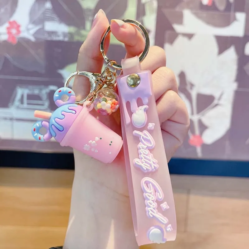 Creative Ice Cream Milk Tea Cup Keychain Pendant Fashion Accessory for Students And Friends Car Bag Backpack Charm Birthday Gift