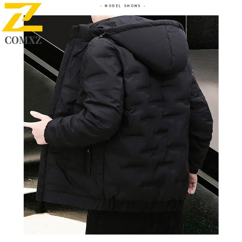 COMXZ 2025 Mens Winter Hooded Fleece Puffer Jacket American style Waterproof and Windproof Trendy Casual Outdoor Sports Coat