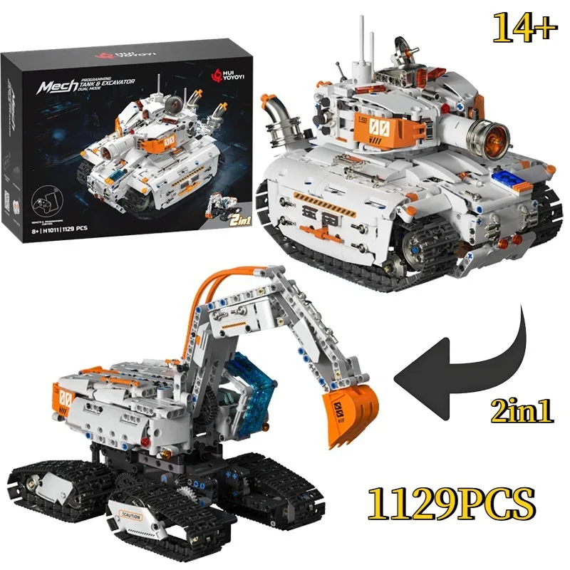 

1129 PCS 2in1 STEM Dual-Mode Engineering Tank Transforming Excavator Building Blocks Can Be Controlled By APP Gift For Kid