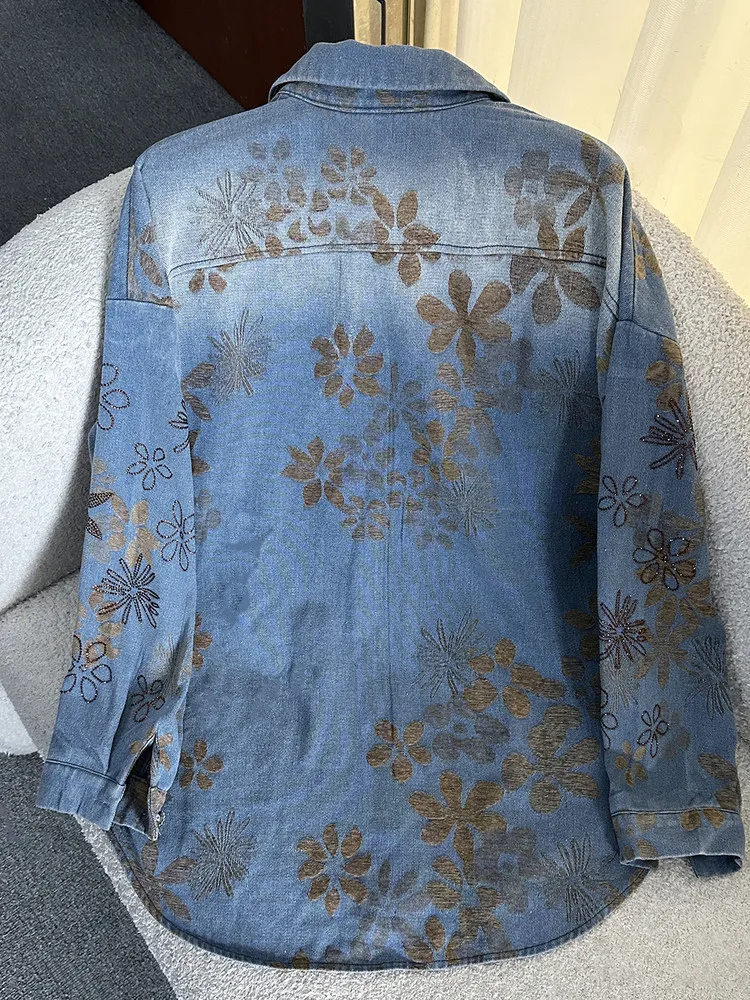2025 Autumn Heavy Industry New Floral Rhinestone Tie-Dye Long Sleeve Denim Shirt Jacket for Women, Loose Casual Style Top Coat view 3