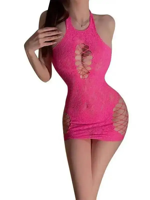Exotic SM Mesh Lace Sheer Rose Red Mini Dress Tank Tops Sweet 2025 New Sexy Sleepwear Jumpsuit Uniform Dress Elegant 4ICR