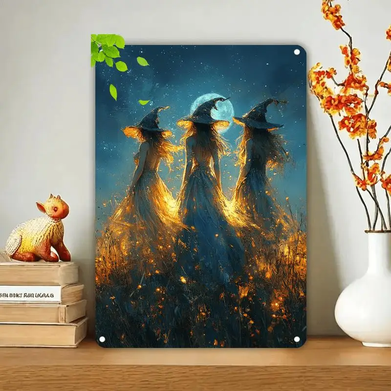 Flat Metal Tin Plate - Mysterious Trio of Witches in The Moonlight, Starry Sky Background, Christmas And Holiday Wall Decoration