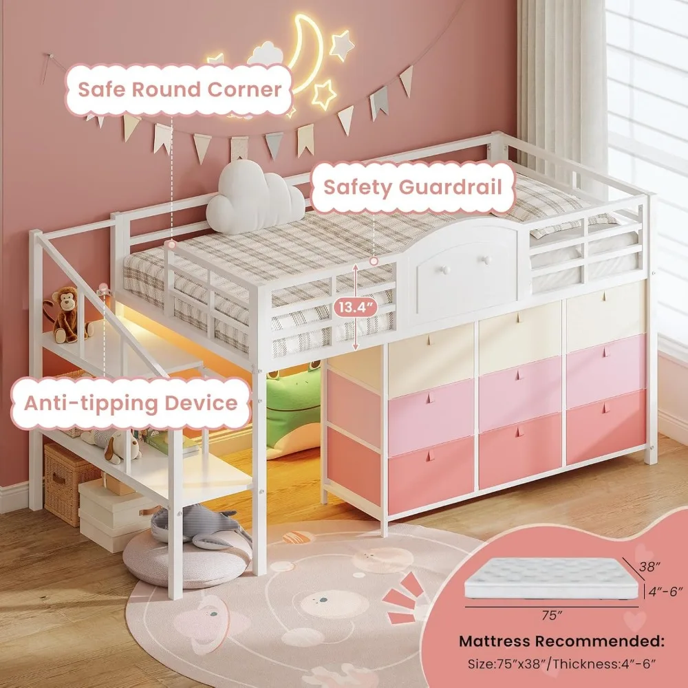 سرير علوي منخفض الحجم مزدوج مع 9 أدراج وأضواء LED وإطار معدني وتخزين الدرج