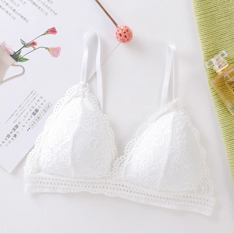 1pcs French Triangle Cup Lace Bra without Steel Ring Halter Gathered Breathable Summer Ladies Underwear