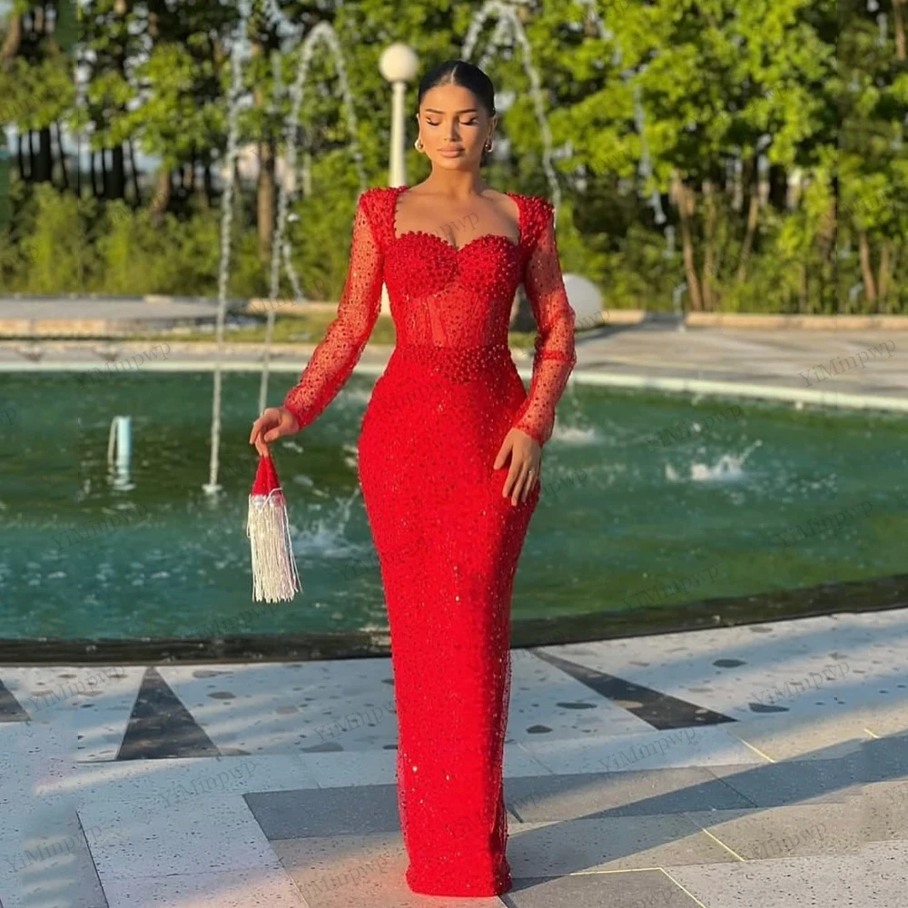 

Beaded Luxury Red Prom Dress With Pearl Sequins Full Sleeve Vestidos de noche Sweetheart Flared Gown Prom Party Dress Customized