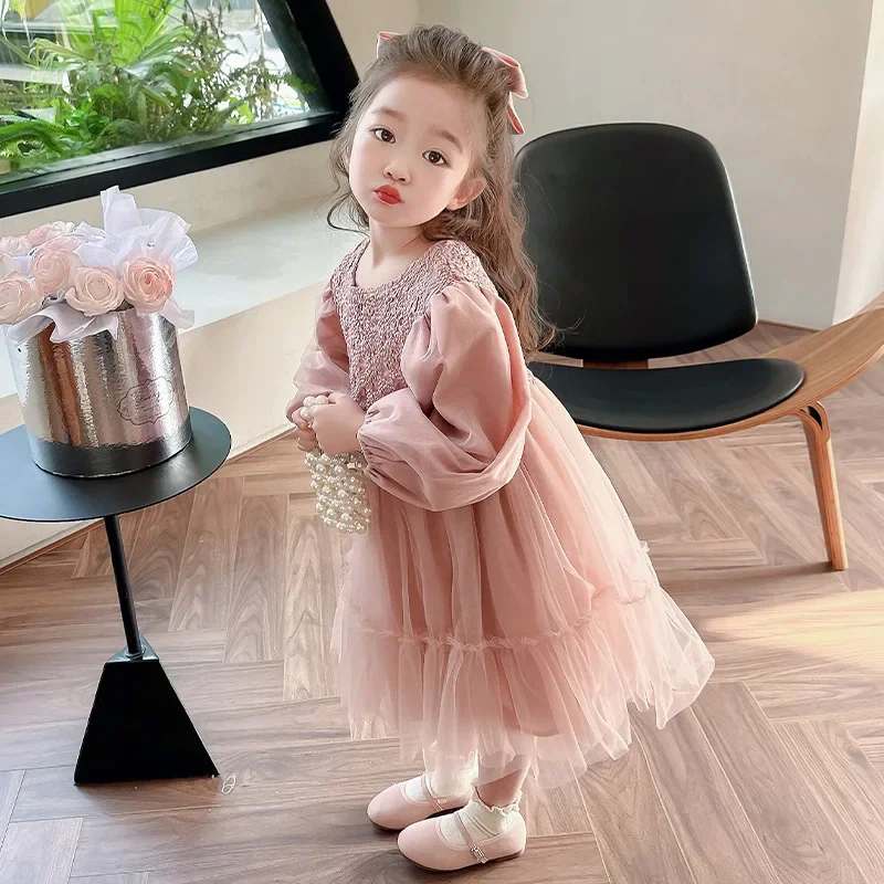 Childrens Clothing 2024 Fashionable Sweet Bubble Sleeve Princess Skirt Childrens Fashionable Long Sleeved Dress