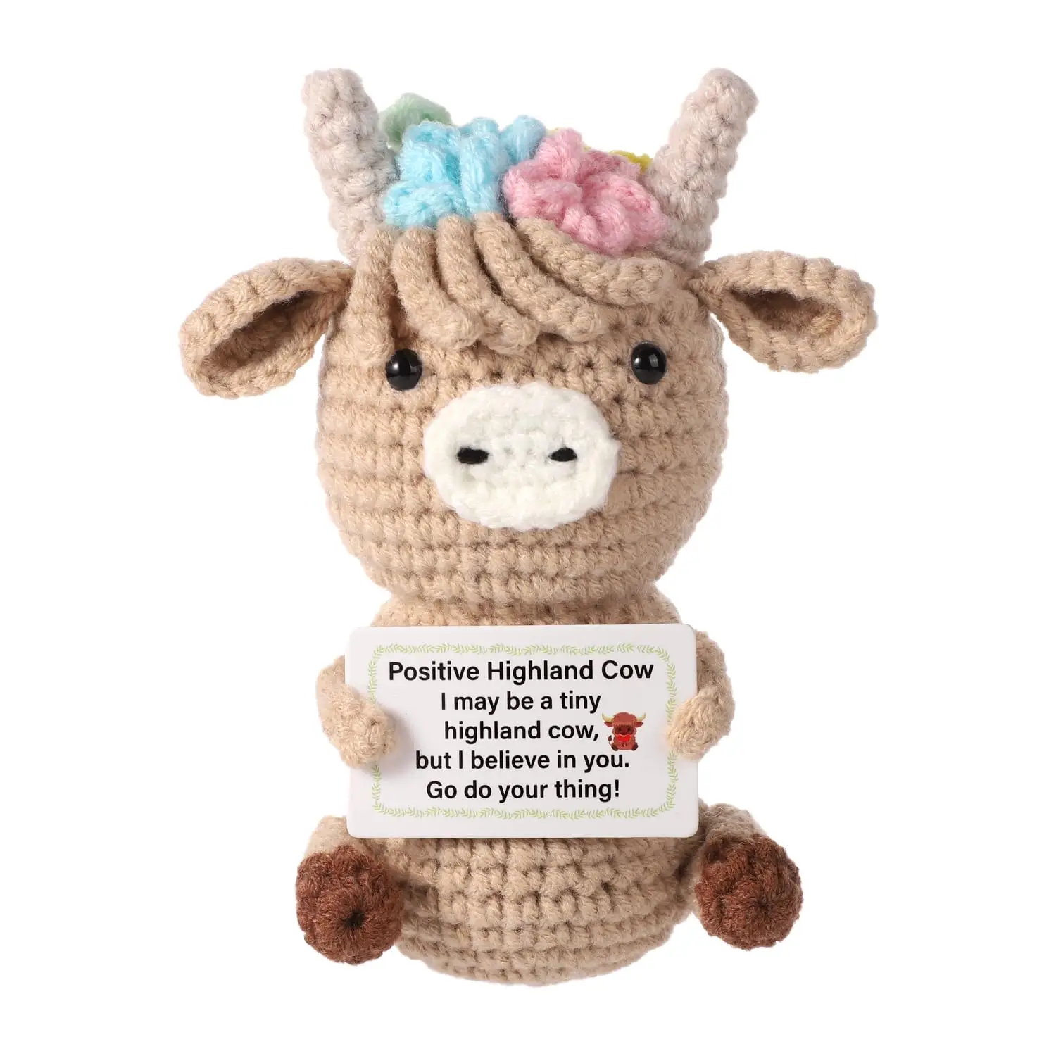 1 Piece of Knitted Highland Cow, a Fun and Cute, Positive and Uplifting Crochet Cow Doll, Comes with an Inspirational Card, Making It a Great Gift for Friends, Family, and Party Decorations.