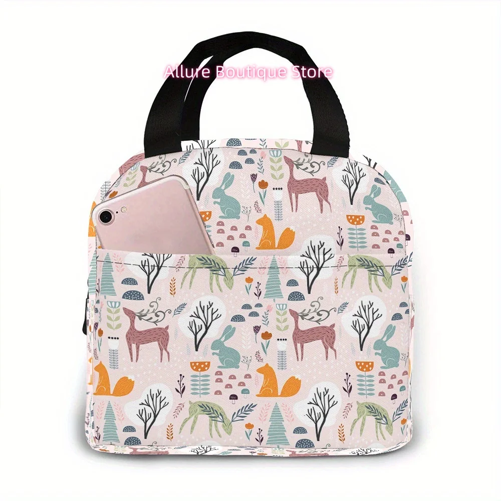 Insulated Lunch Tote - Made from Strong Oxford Material, Washable by Hand, Pink Featuring Rabbit, Squirrel, And Deer Patterns, I