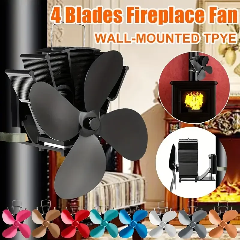 4-Blade Fireplace Fan with Coil, Wall Mounted Thermal Exhaust Fan, Silent No Electricity Powered Wood Burning Fireplace Fan