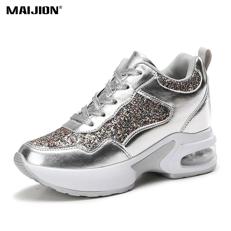 Women Platform Sneakers Fashion Glitter Walking Shoes Invisible Wedge Heel Air Cushion Casual Footwear Lace Up Non-slip Sole