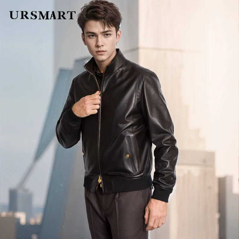 High quality calf leather men's jacket for autumn and winter black standing collar fashionable genuine leather customized Coat