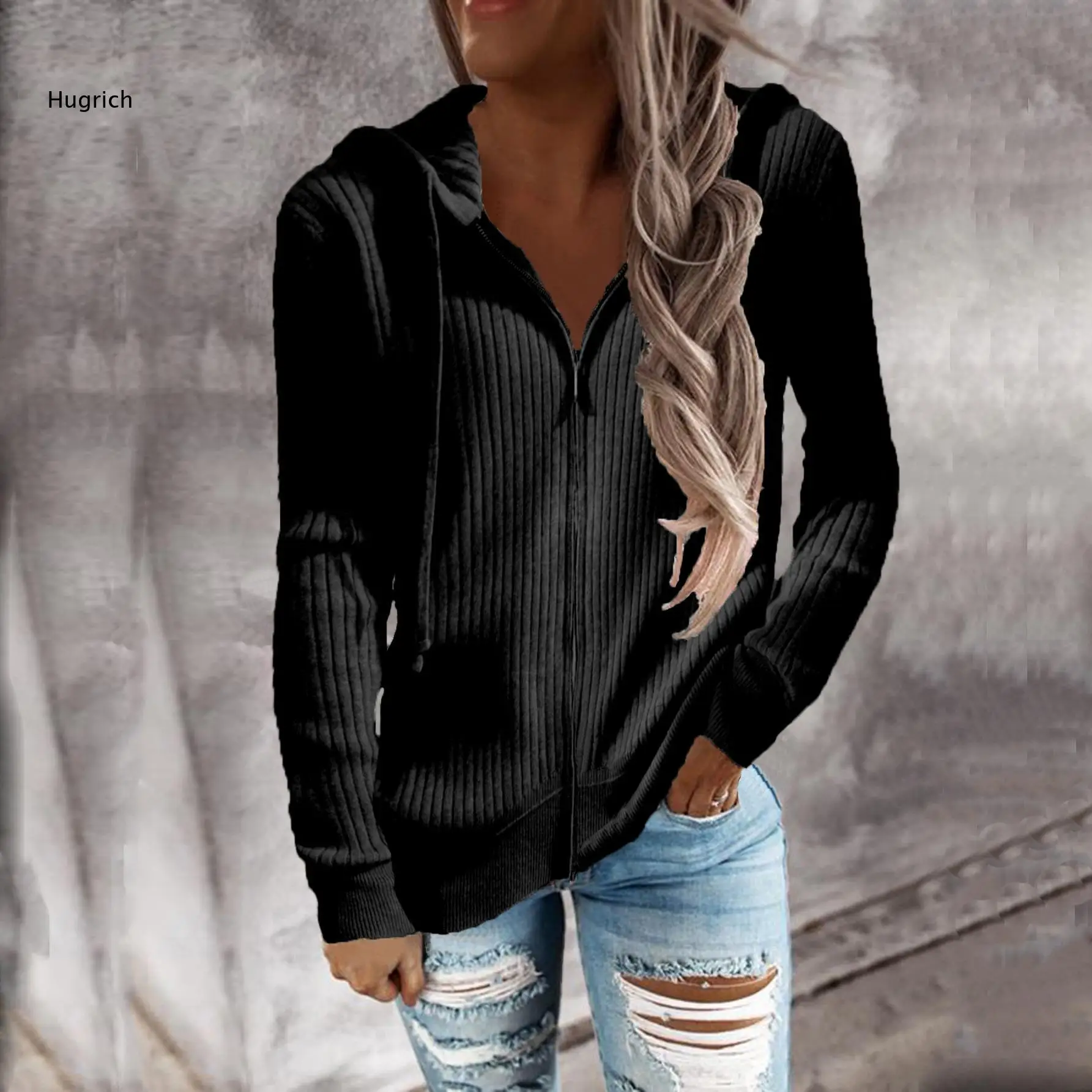 Relaxed Ribbed Knit Zip Hoodie Jacket For Women Long Sleeve Drawstring Hooded Cardigan Top For Multiple Daily Occasions