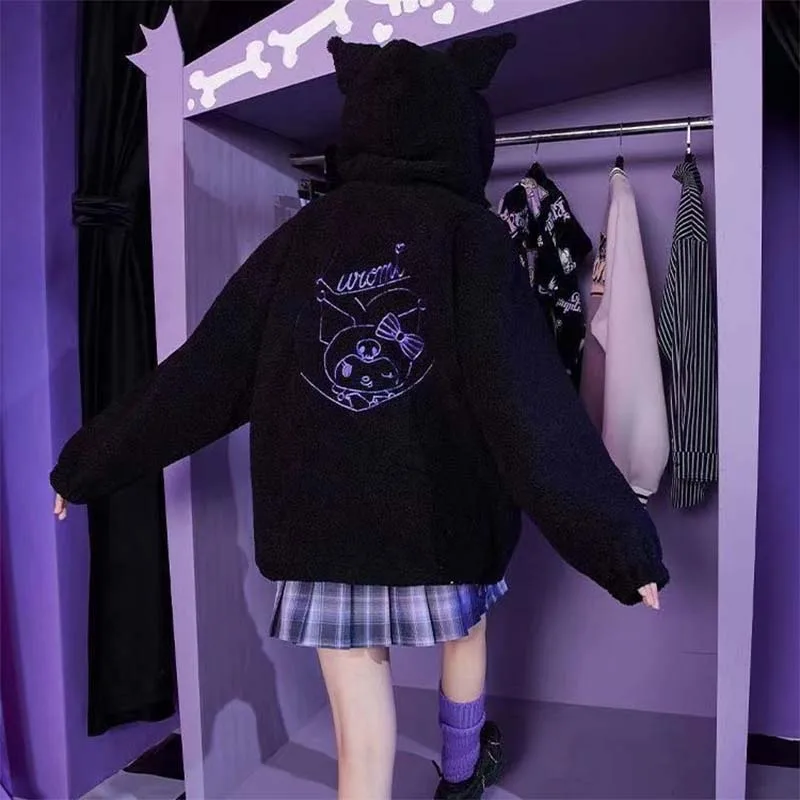 Sanrio Loose Hoodie Hello Kitty Kuromi Kawaii Y2K Coat Autumn Winter Sweet Girls Clothes Anime Mbroidery Hooded Coat Women Gifts