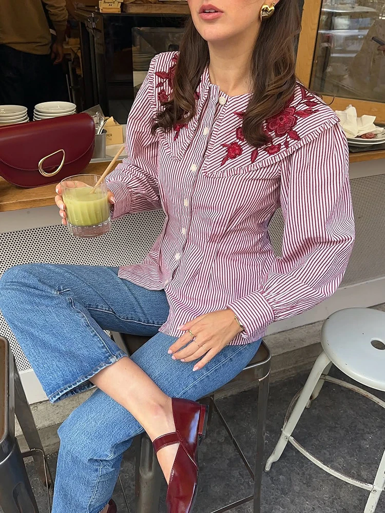 Besticktes Karohemd mit Taillenschnürung für Damen, Elegante Bluse mit Revers, Langen Ärmeln und Einreihiger Knopfleiste, Schlanke Passform, Neue Bürodamen-Partykleidung – Detail 8