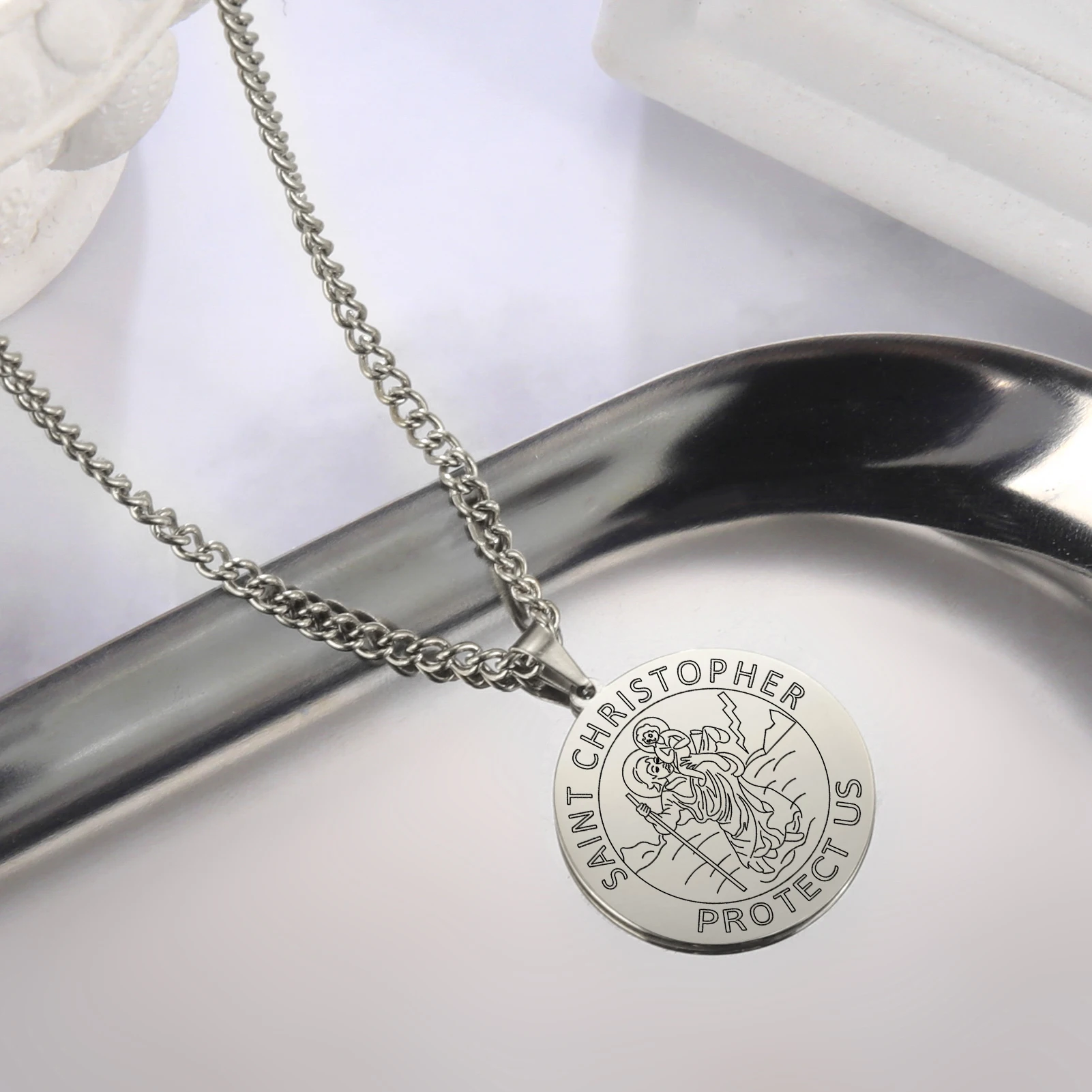 Dawapara Saint Christopher Medaille Halskette Jesus Truet In Sie Amulett Katholischen Schmuck Reisende Fahrer Geschenke Edelstahl – Detail 9