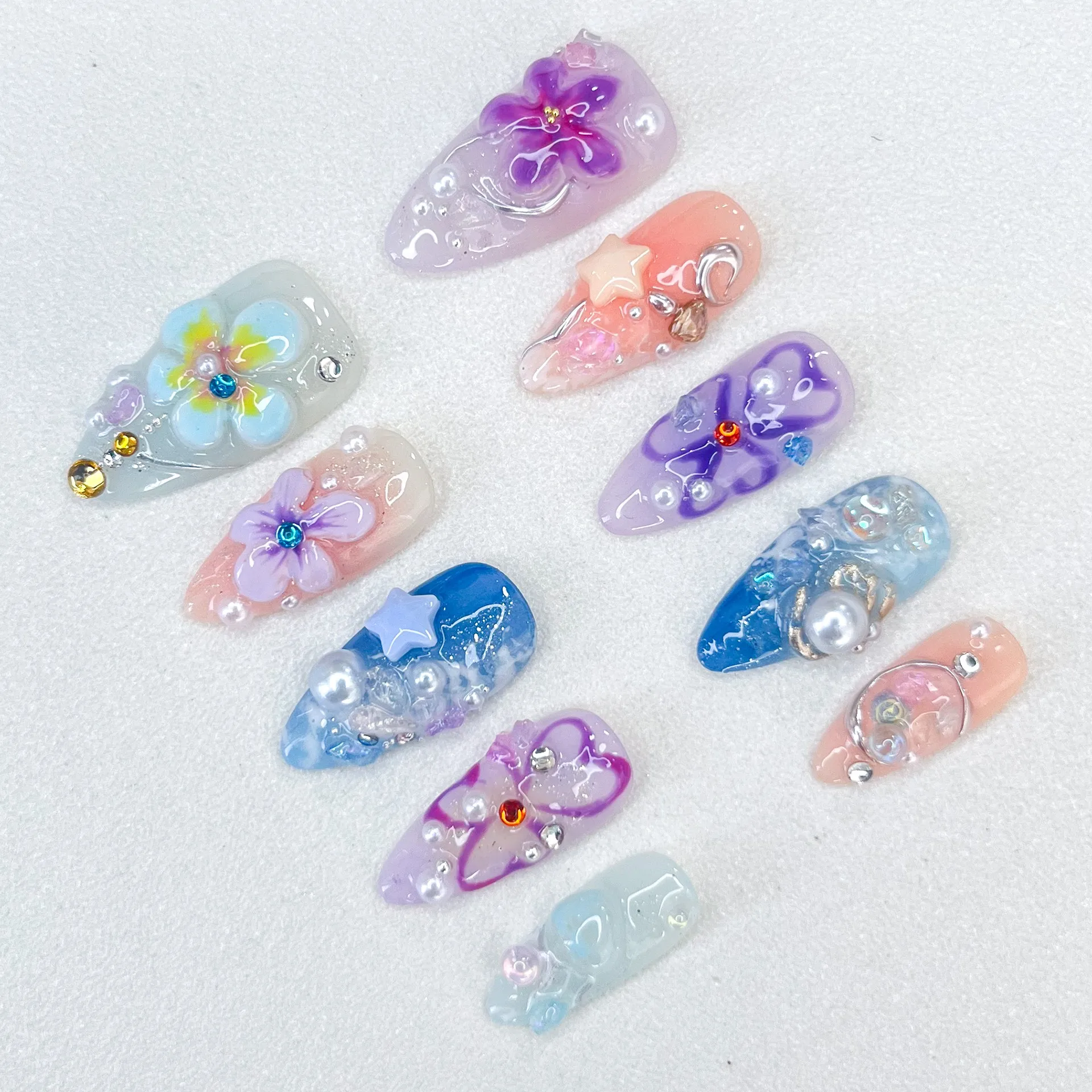 2025 New 3D Flower Relief Style Multicolored Press on Nails Almond Length Fake Nails Can Wholesale Nail Ornaments Women Wear