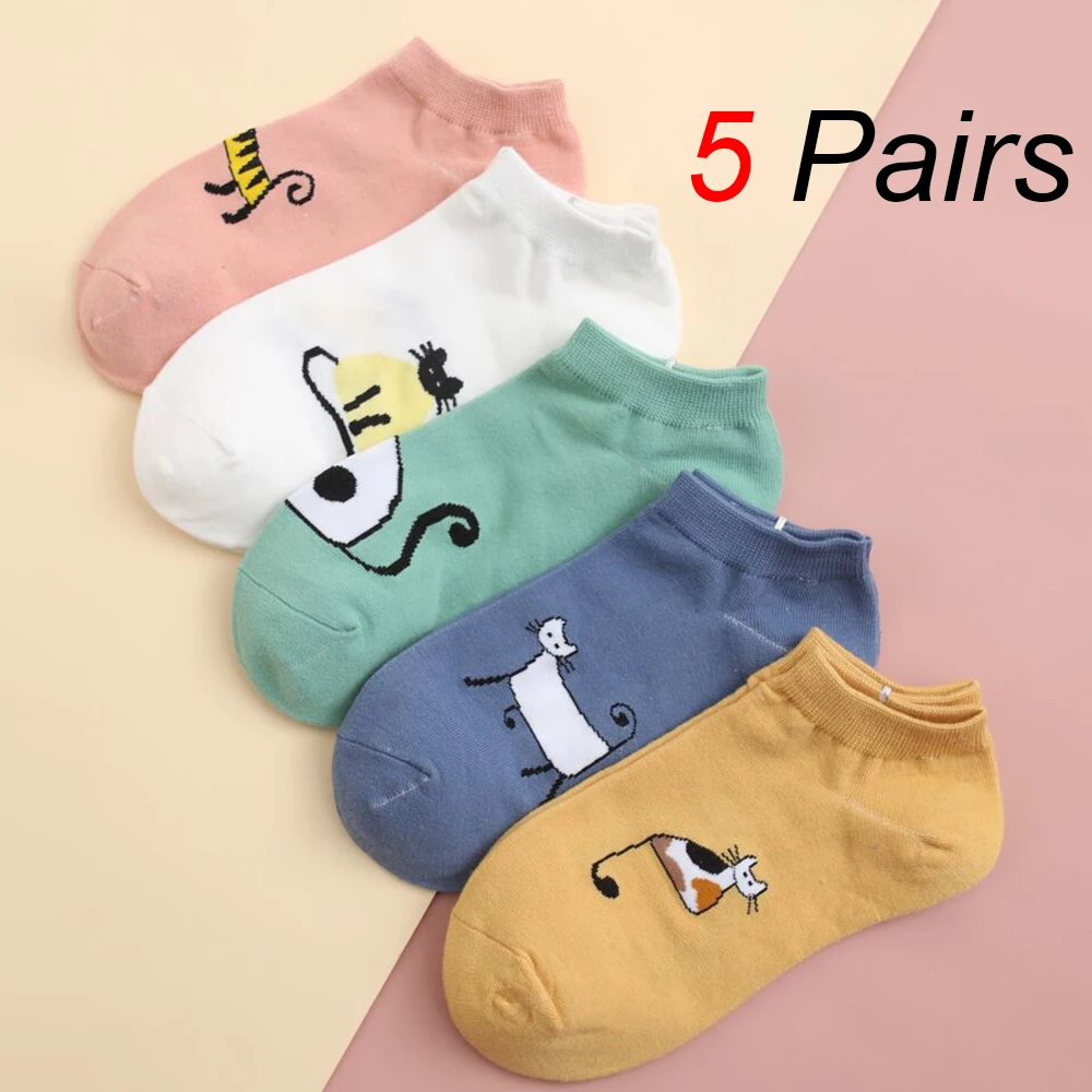 5 Pairs Women Cartoon Boat Socks Fashionable Cute Cat Pattern Girl Socks Comfortable Breathable Sweat Absorbing Casual Socks