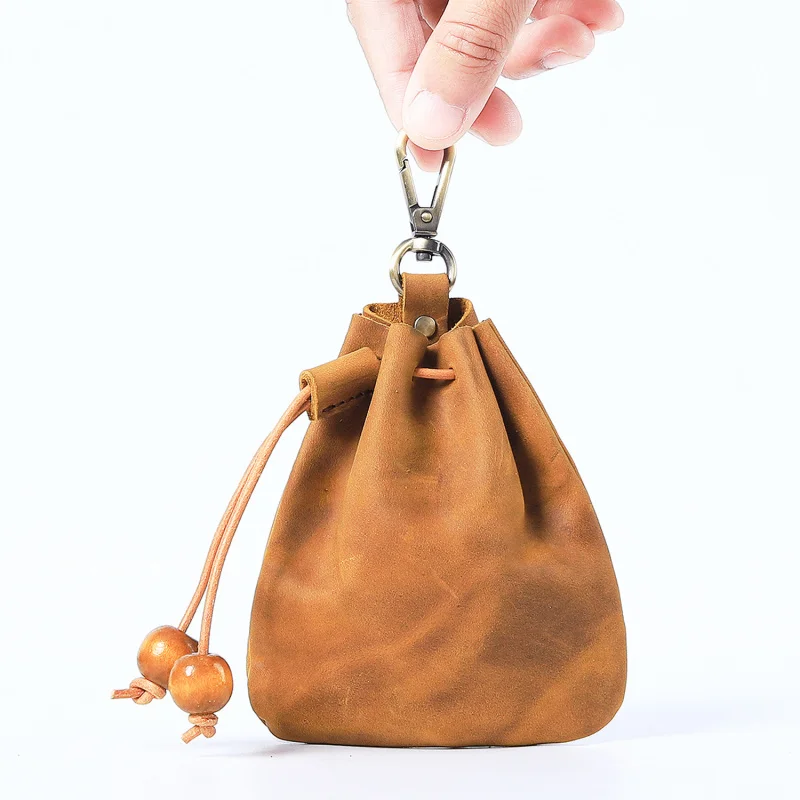 Handmade Leather Coin Purse Genuine Cowhide Minimalist Keychain Waist Bag Unisex Crazy Horse Multi-Function Pouch